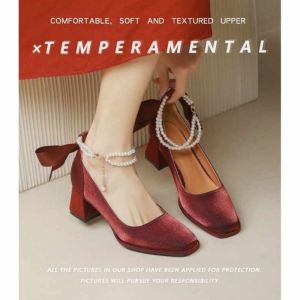 IELGY Wedding Shoes Red Block Heel Square Toe Butterfly Knots High Heels Women White Two Wear Pearl Bride