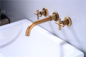 Wall Mounted Faucet Gold Brass Bathroom Basin Faucet Dual Handle Hot and Cold Water Mixer Tap 360 Degree Rotation Embedded Concealed Installation
