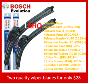 Bosch Evolution Wiper for Honda Vezel / Honda CRV / Toyota Rav 4 / Toyota Prius / Toyota Harrier / Hyundai Avante / Hyundai Kona / Hyundai Tuscon / Kia Niro / Kia Sorento / Subaru XV / Kia Stonic / Kia Cerato (BD)