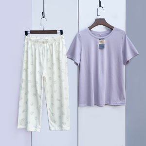 夏天女式家居服套装圆领短袖七分裤宽松大版睡衣棉混薄款