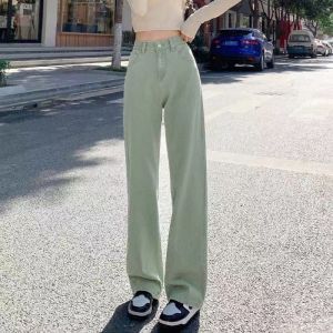 Celana Kaki Lebar Wanita Pinggang Tinggi Menggantungkan Celana Jeans Lurus Tipis Gaya Amerika Warna Solid Celana High Street