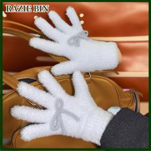 RAZIE BIN ถุงมือผ้ากำมะหยี่รูปโบว์หวานน่ารักถุงมือกันหนาวถุงมือห้านิ้วให้ความอบอุ่นสำหรับนักเรียนฤดูหนาวอุปกรณ์เสริมแฟชั่นสำหรับผู้หญิงของขวัญคริสต์มาส