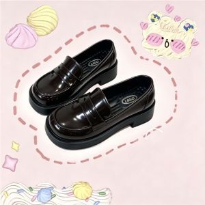 [Free Shipping] Wooden Horse Small Square-Toe JK Uniform Shoes High-Heeled Preppy Style With Rabbit Ear Details