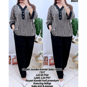 ONE SET WANITA BAHAN KATUN MOTIF SALUR KOMBINASI/SET KANCING HIDUP SALUR /SET WANITA