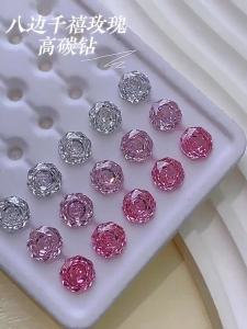ต่างหูเพชรซิรคอนเจียระไนรูปดอกกุหลาบแปดเหลี่ยมเกรดเครื่องประดับเพชรคาร์บอนสูงตกแต่งเล็บทำมือ