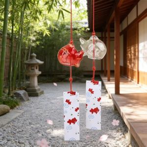 YERZ Japanese Style Goldfish Wind Chime Glass Hand-painted Small Golden Fish Pendant Creative Peaceful Goldfish Hanging Ornament Outdoor Garden