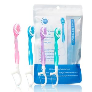 OMQAIO 26Pcs Sáng tạo Bàn chải đánh răng mini du lịch Chăm sóc răng miệng 5 trong 1 Bàn chải đánh răng di động dùng một lần Đa chức năng với chỉ nha khoa kem đánh răng và dụng cụ cạo lưỡi Bàn chải đánh răng hạt nổ Sử dụng trong khách sạn