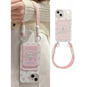 Cartoon dog pink card bag phone case for iPhone 11 12 13 14 15 16 Pro Max Plus TPU soft cover with hanging rope for iphone15pro case casing