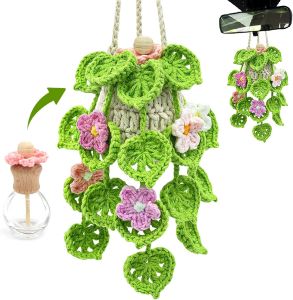 Crochet Car Air Freshener15ml Diffuser Bottle with Strawberry Plant    Refillable Essential Oil Aroma Hanging Diffuser Car Rearview Mirror Decor Boho Home Office Ornament