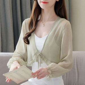 Áo Khoác Khăn Choàng Nhỏ Áo Chống Nắng Voan Cho Nữ Áo Cardigan Dáng Ngắn Viền Bèo Mỏng Phối Váy Mùa Hè Cho Nữ Mặc Ngoài