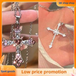 ✨QK shop✨ European And American Fashion French Zircon Cross Pendant Necklace Light Luxury Simple Personality Necklace For Women Jewelry
