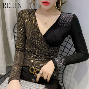 REHIN Winter new sequins inlaid diamond pleated Slim long sleeve T-shirt V-neck trendy women blouse