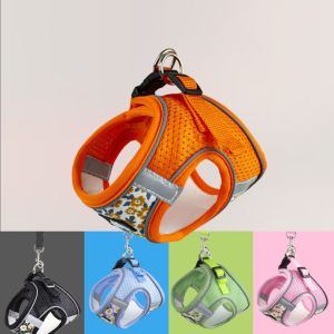 JOYPICKS สะท้อนแสงสะท้อน สายจูงสัตว์เลี้ยง ป้องกันการหลบหนี ลายดอกไม้ดอกไม้ ชุดสายจูงสุนัข อุปกรณ์เสริมสำหรับแมว การวัดขนาด บังเหียนสำหรับลูกสุนัข สุนัขตัวเล็กๆ