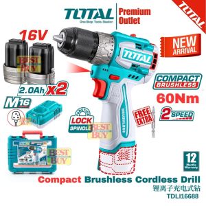 TOTAL Tools M16V series Li-ion Battery 2.0Ah x 2Pcs 𝑪𝒐𝒎𝒑𝒂𝒄𝒕 Brushless Cordless Drill - TDLI16688