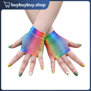 1 Pair Nylon Fishing Net Gloves Elasticity Rainbow Arm Sleeves Short Half Finger Gloves For Women