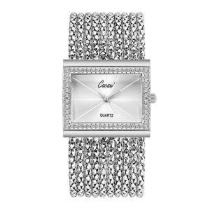 MAKERVY Square Dial Quartz Wrist Watch Luxury Steel Strap Bracelet Watch Vintage Quartz Movement Diamond Watch for Women