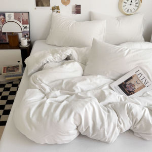 A Solid Color Washed Cotton Bedding Set Four-Piece Ultra Soft Skin-Friendly Bed Sheet Duvet Cover Student Dormitory Three-Piece Set Bed Skirt Style LZD