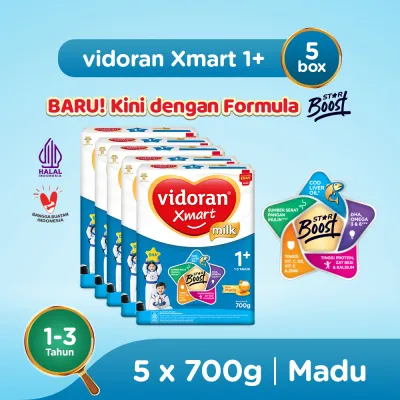 vidoran Xmart 1+ Madu 700gr Susu Formula Pertumbuhan Anak 1-3 Tahun - 5 box (Exp : 04.2027)