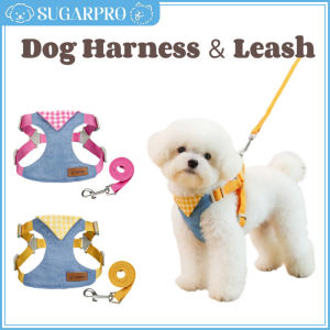 Dog Pet Harness and Leash Set Cartoon Pet Vest with Traction Rope Durable Denim Fabric