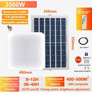 【Square】Solar Ceiling Light 3500W solar lights with solar panel inside the house home Bedroom Stair Balcony lamp original LED indoor outdoor waterproof IP67 Dust and mosquito prevent 10M Power cord Automatically up Dimmable Remote Control COD