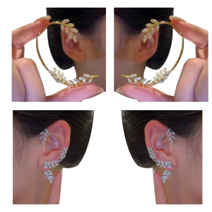 Vintage Leaf Ear Cuffs Earrings Sparkling Rhinestone Non-Pierced Ear Wrap Cartilage Climber Clip on Earrings for Women
