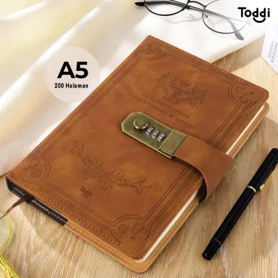 Buku Catatan Harian Kertas A5 Cover Kulit dengan Kunci Password