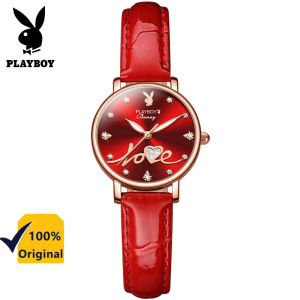 นาฬิกาเพลย์บอยแท้สำหรับผู้หญิงหนังแท้กันน้ำอารมณ์แฟชั่นสีแดงนาฬิกาข้อมือผู้หญิงเรืองแสง