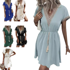 Ngắn tay thanh lịch V Cổ viền ren váy midi Mùa Hè vừa rộng Tie Eo Một Dòng Đu Dresses Cho Phụ Nữ Trang Phục Bãi Biển
