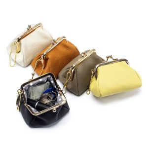 DELWINS Cow Leather Mini Coin Purse Jewelry Bag With Keychain Leather Jewelry Bag Vintage Solid Color Kiss Lock Leather Wallet Women