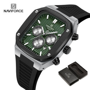 นาฬิกา NAVIFORCE สำหรับผู้ชายนาฬิกาข้อมือกันน้ำดั้งเดิมควอตซ์แบบบอกวันที่วันโครโนกราฟกล่องสี่เหลี่ยมจตุรัส Tali Jam Tangan Karet 8037