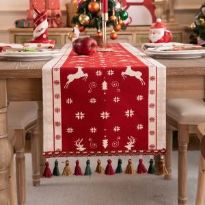 FFBH Jacquard Table Flag Christmas Deer Gift Christmas Hat Tassel Bed Tail Flag Bucket Cabinet TV Cabinet Cover Towel T6H1N