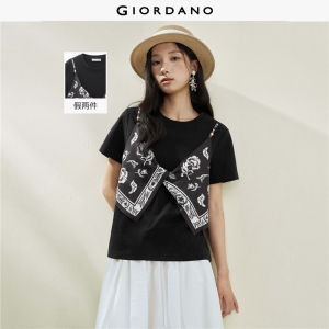 Giordano Women Fake two-piece knotted print round neck short-sleeve T-shirt - High Quality Free Shipping 18326703