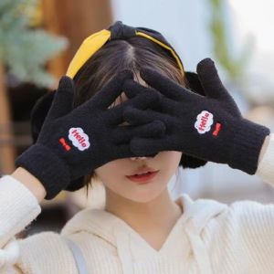 YADOU Cute Winter Touchscreen Gloves for Women Warm Thickened Knitted Five-Finger Design with Hello Embroidery Perfect for Riding and Studying