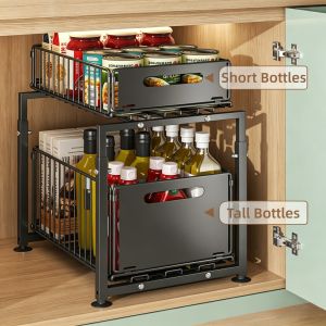 Under Sink Rack Adjustable Pull-Out Kitchen Cabinet Organizer Double Drawer Shelf for Countertop & Home Use