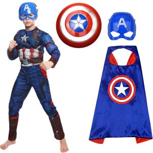 Boy Captain America Cospaly Muscle Costume Superhero Mask Jumpsuit Cloak Shield Cape Outfits Halloween Carnival Fancy Dress Up