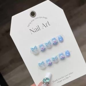 [HANDMADE]Artificial Childrens Nail Cute Cinnamoroll Dog Big Eared Dog Blue Cartoon Short Style Phototpy Nails Boys Girls Fashion Reusable and Removable Nails