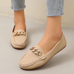2025 Spring And Autumn New WomenS Loafers Korean Style Round Toe Low Heel With Metal Chain Casual Outdoor Shoes For Mothers