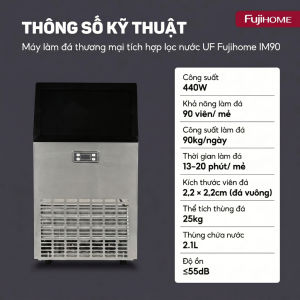 Máy làm đá viên sạch thương mại công nghiệp kèm lọc nước FUJIHOME công suất 90kg/ngày cho quán cafe trà sữa nhà hàng