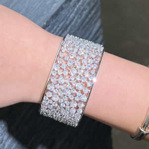 SEQUITO Brilliant White Gold Plated Wrist Jewelry Full Micro Paved Setting Round Sparkling AAAAA Cubic Zirconia Delicate Big Wide Bangle for Modern Bridal Wedding Party Accessories B180
