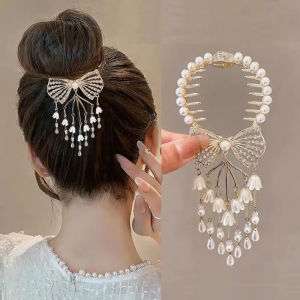 Vintage Retro Meatball Hair Clasp Clip Floristic Pearl Chain Ponytail Hairpins Tassels Hair Claw Girls