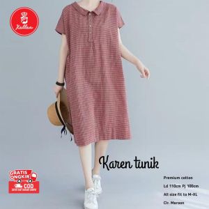 Tunik Wanita Lengan Pendek Korean Style Jumbo Bahan Cotton Premium High Quality Karen Tunik Hitam Maroon Fit to M-XL Kancing Depan Aktif Kerah Kemeja Nyaman Formal Semi Formal - XELLEA