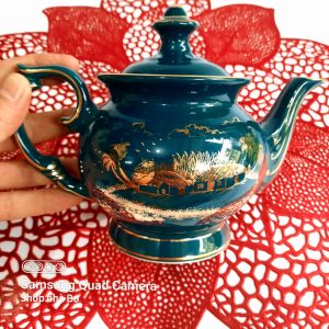 Bộ ấm chén Bát Tràng cao cấp dáng phú quý màu xanh Arctic họa tiết làng quê vẽ vàng 24k
