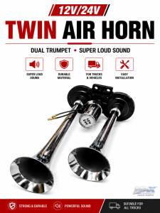 12V/24V Universal Twin Air Horn Double Trumpet Heavy Duty Horn for Lorry Truck Bus Isuzu Hino Volvo Scania MAN