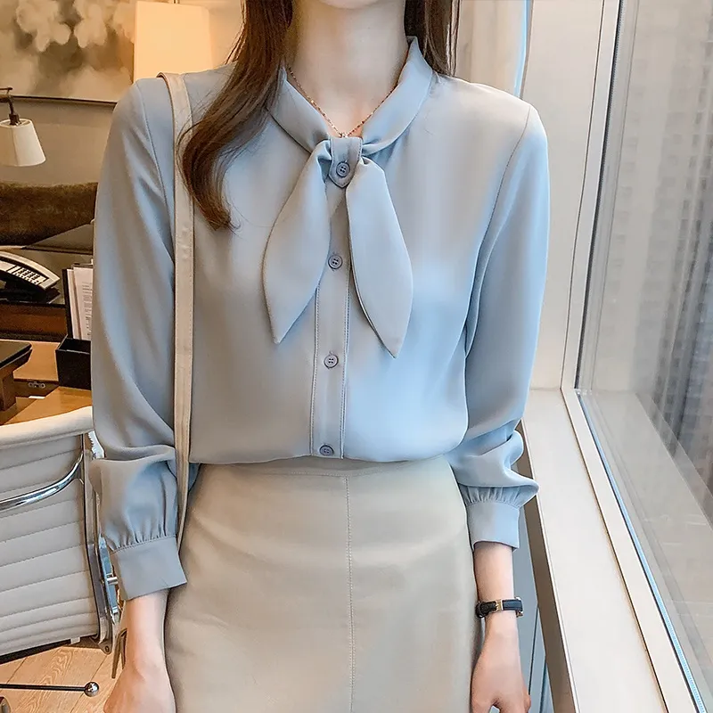 Korean Style Loose Chiffon Shirt Women Long Sleeve Bow Tie Formal OL Solid  Blouse Top