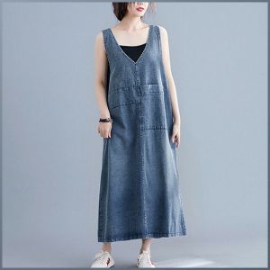 Large Denim Dress for Womens Summer V-neck Sleeveless Loose Casual Mid Length Over Knee Long Skirt