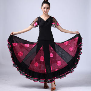 ชุดเต้นรำการเต้นจังหวะบอลรูมแบบทันสมัยเต้นรำประสิทธิภาพเครื่องแต่งกายชุดเต้นรำตาข่ายลายดอกไม้แขนสั้นมาตรฐานแห่งชาติกระโปรงบานใหญ่