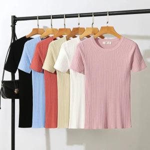 Womens Knitted T-shirt O-neck Solid Color Short-sleeved Knitted Slim-fit Ribbed Ladies Tops Summer Casual Fashion T-shirt Women