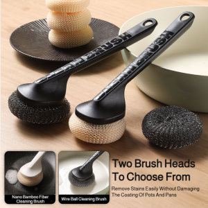 Long Handle Does Not Hurt the Pot Cleaning Ball Steel Wool with Handle Dishwashing Pot Brush Artifact Household Decontamination Brush with Handle Pot Brush厨房不锈钢清洁球刷锅
