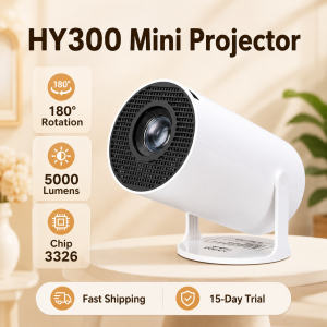 HY300 Mini Portable Smart Projector Android 720P HD 5000 Lumens 180 Degree Rotation Short Throw Projector WiFi Bluetooth Home Theater Movie Projector