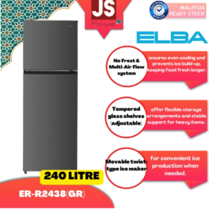 Elba 240L 2 Door Refrigerator ER-R2438(GR) – No Frost Fridge Multi Air Flow Dark Grey